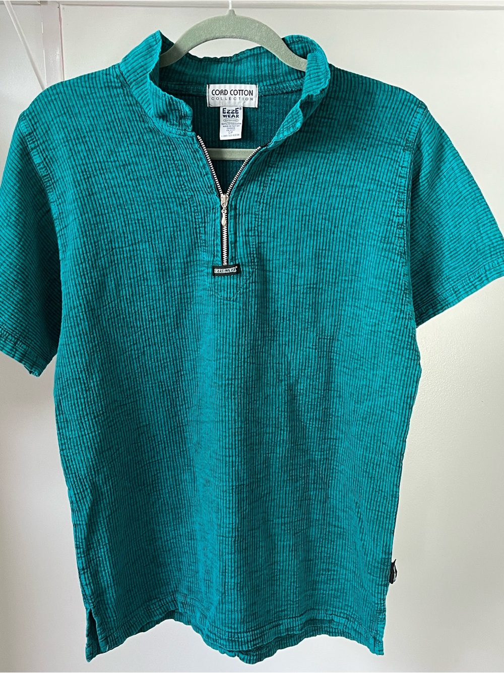 Vintage EZZE WEAR Cord Cotton Collection Teal Textured Quarter-Zip Top Size S